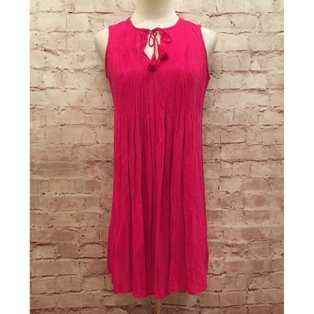 Old Navy Fuchsia Pink Sleeveless Pintuck Pleated Shift Dress Tassel XS Petite